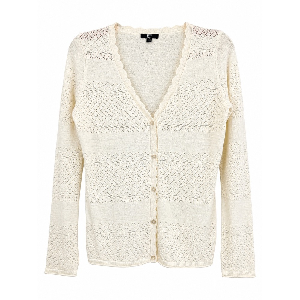 Frye Ivory Pointelle Cotton Cardigan Sweater Scallop Trim Button Front S